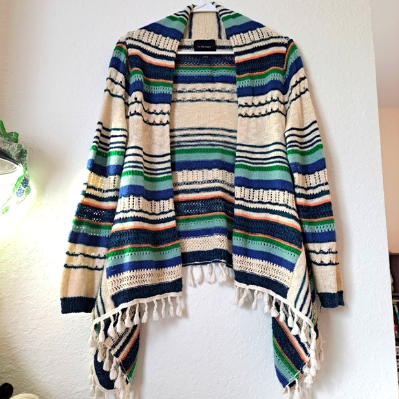 Anthropologie Sweaters - La Fee Verte By Anthropologie Open Front Striped Cardigan With Tassle Fringe SzL